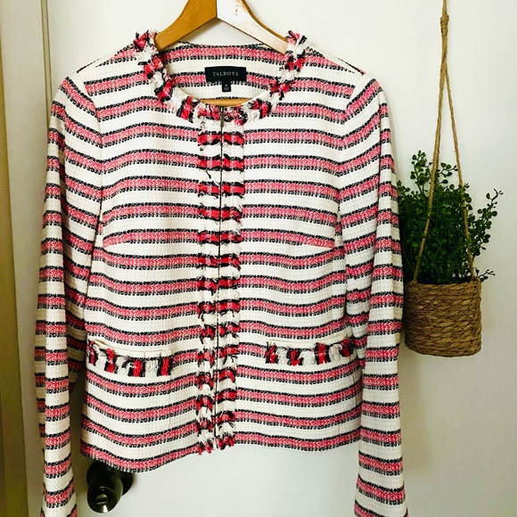 Talbots Tweed Stripe Blazer Cranberry and Cream Size 10 EUC - Picture 2 of 12